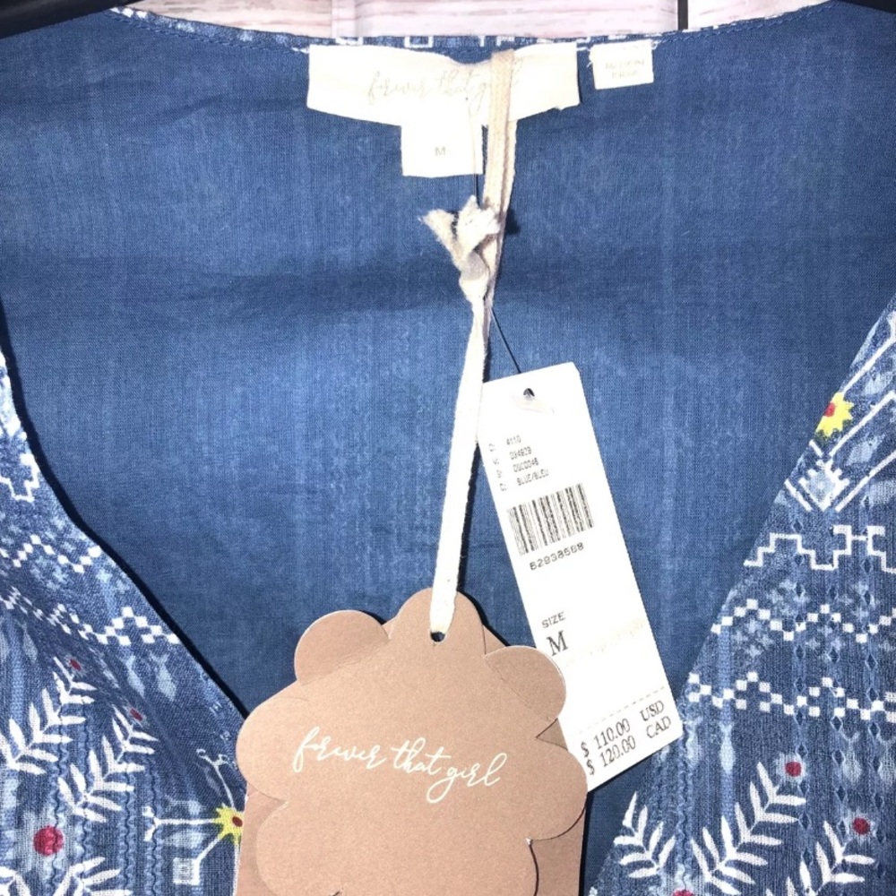 NEW! Anthropologie Forever That Girl Blue Boho Long Sleeve Blouse Size Medium - Picture 4 of 9